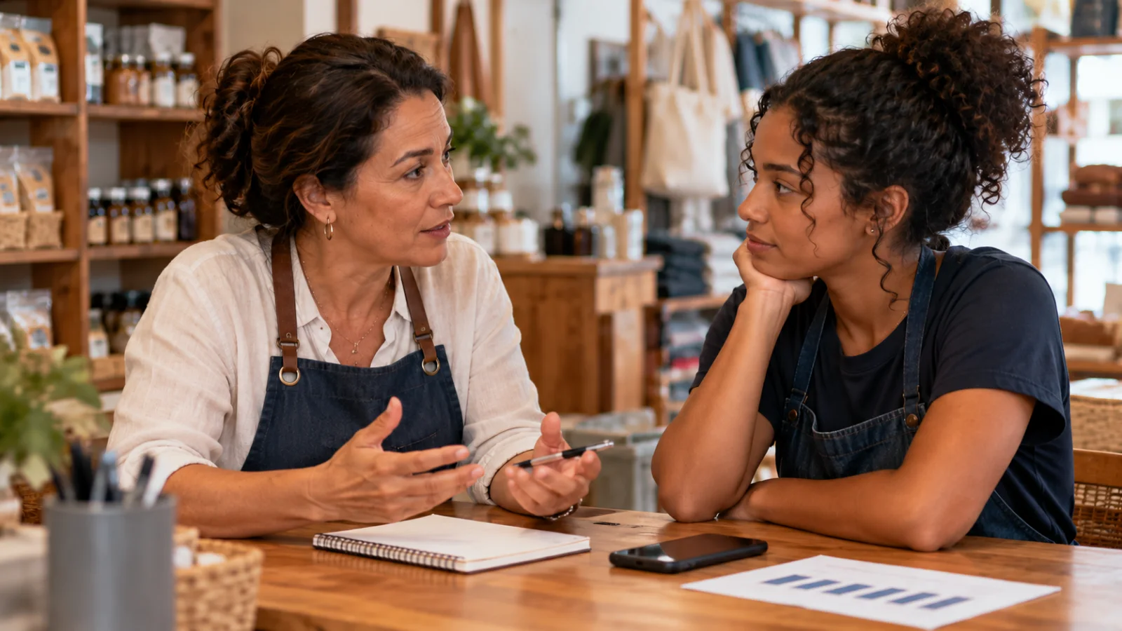 Gestora e atendente conversando sobre o retorno de clientes numa loja.