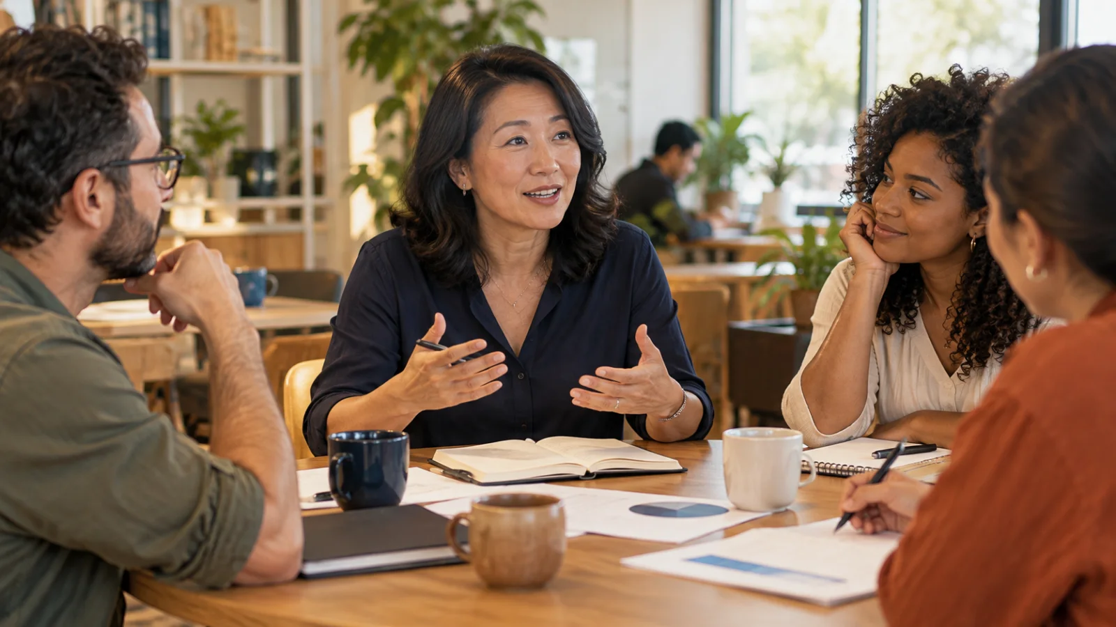 Facilitadora conduzindo uma conversa em grupo num espaço de trabalho.