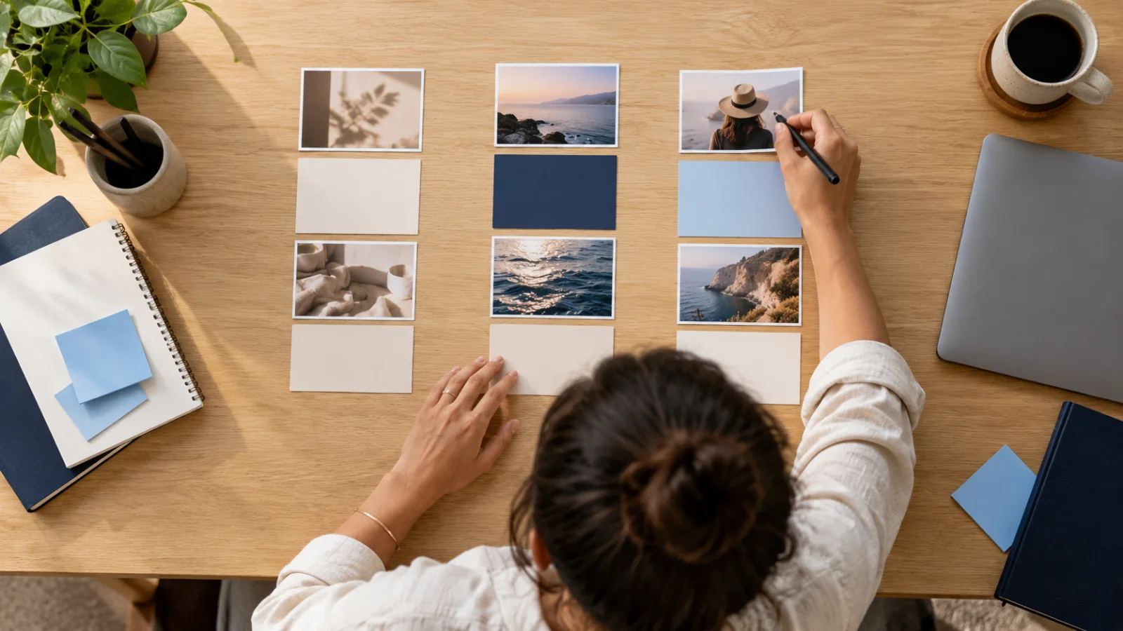 Planejamento de conteúdo com cartões e fotografias sobre uma mesa.