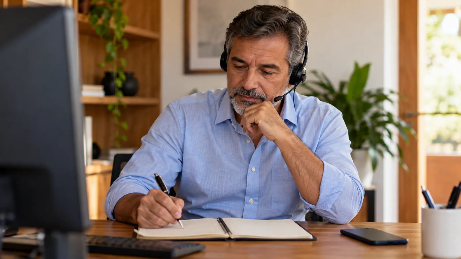 Consultor acompanhando uma conversa comercial com agenda aberta.