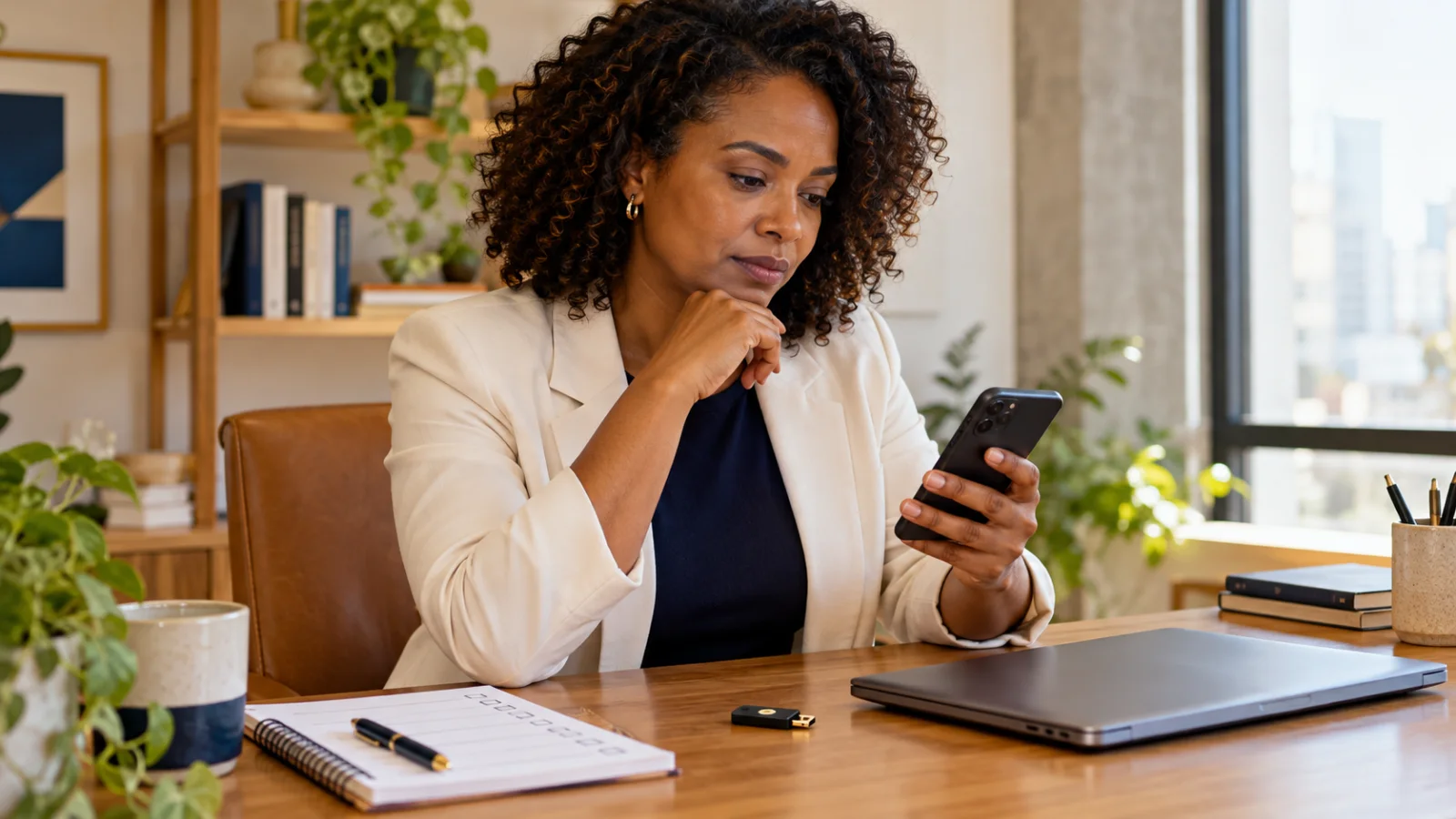 Empresária conferindo um celular e uma chave de segurança na mesa.