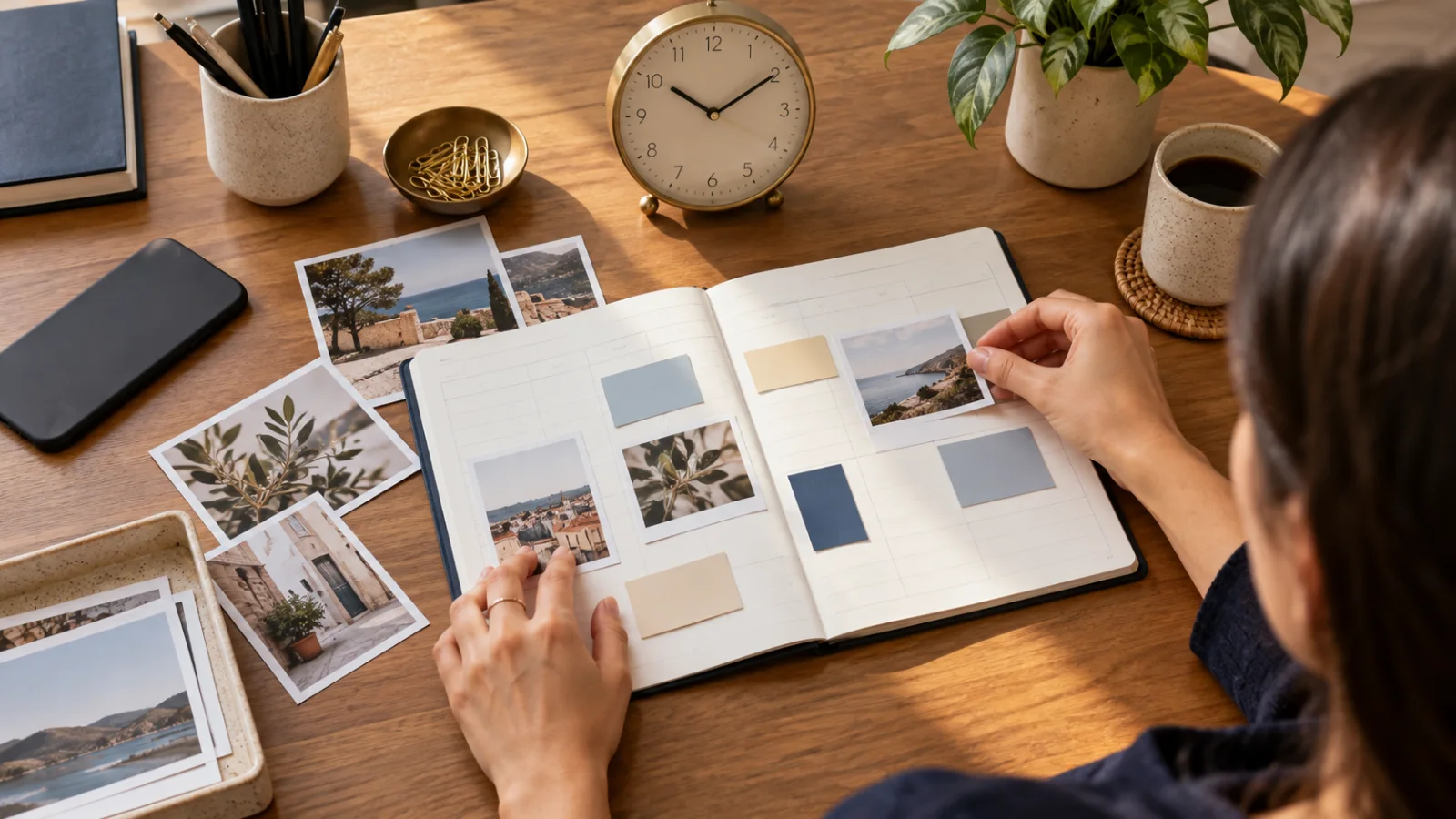 Planejamento de publicações com calendário, fotografias e relógio de mesa.