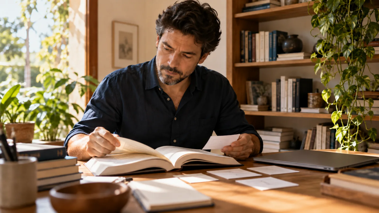 Pesquisador consultando um livro e materiais de referência.