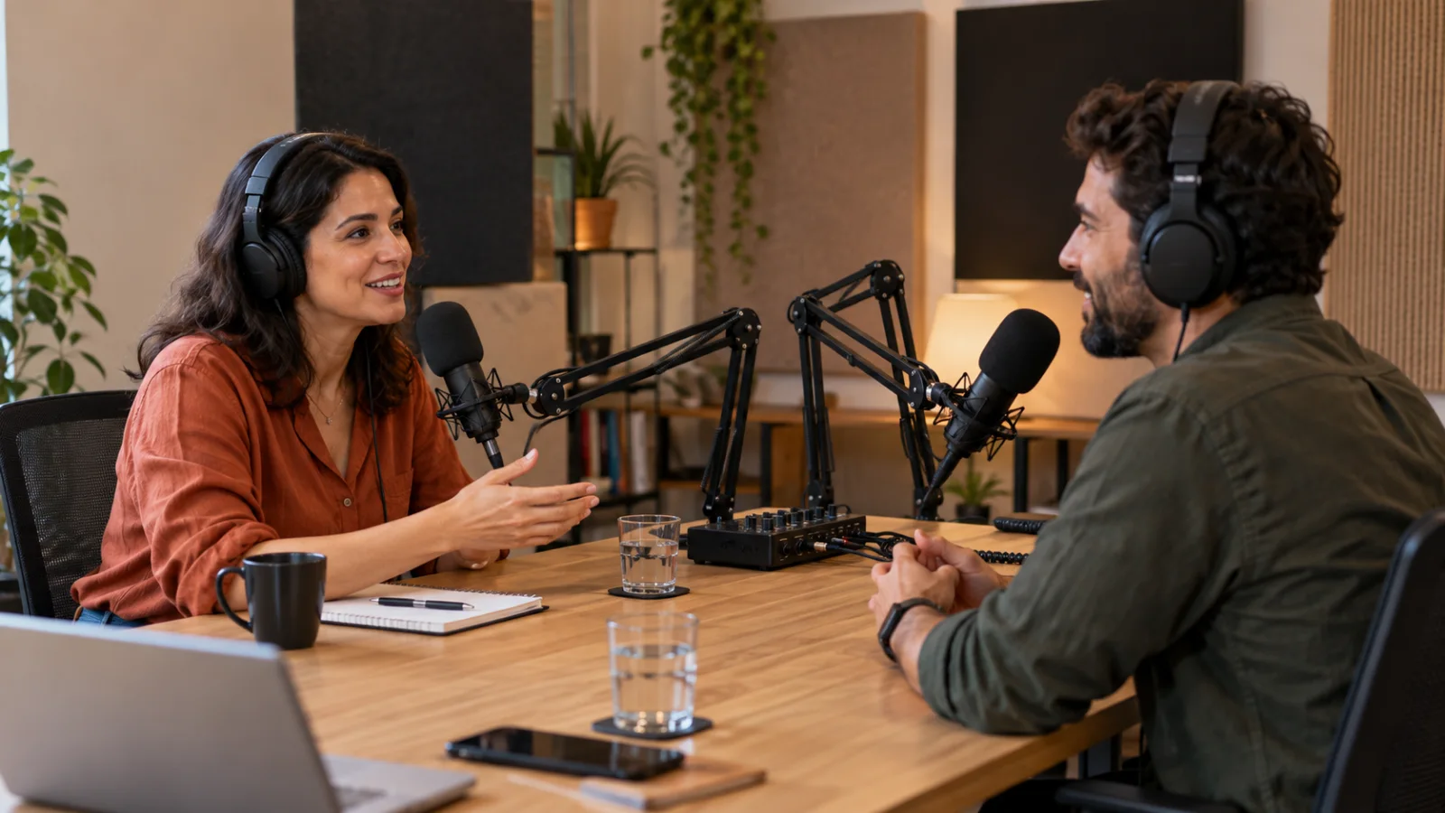 Apresentadora e convidado gravando um podcast em um estúdio.