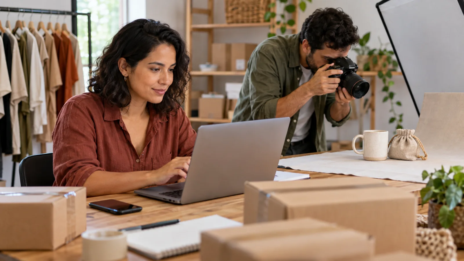 Equipe fotografando produtos e organizando um catálogo de e-commerce.