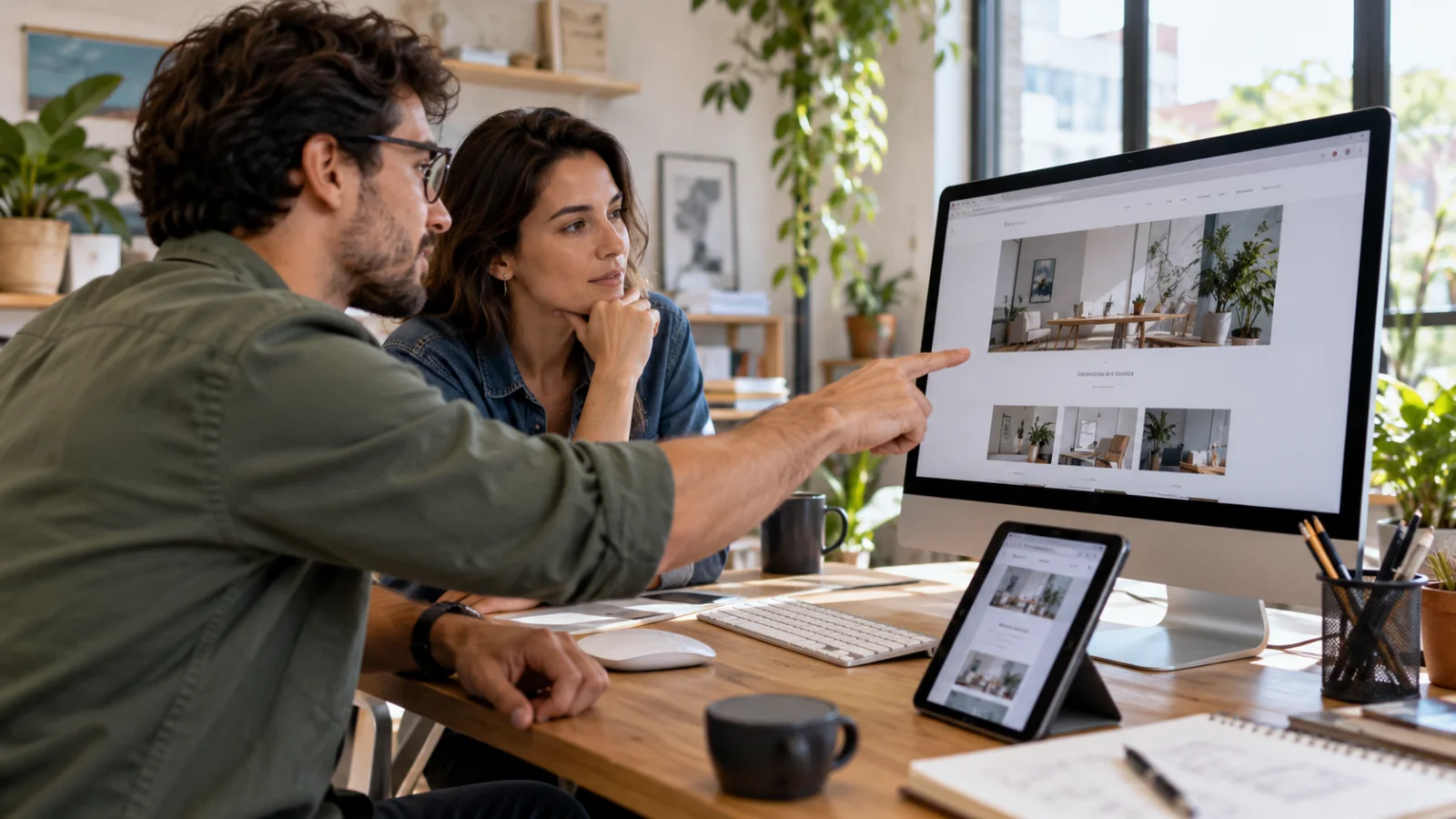 Designer e empresário revisando um site e sua versão para tablet.